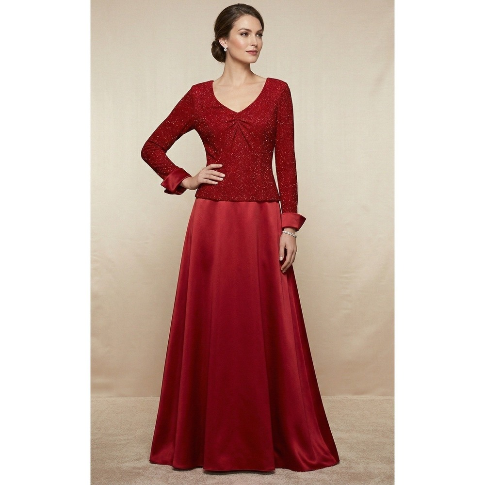 Vintage Patra Red Glitter Evening Gown Dress Long Sleeve‎ Made in USA Size 10